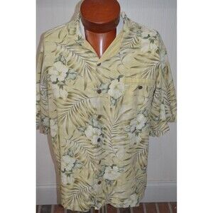 Tommy Bahama Mens Hawaiian Shirt Large 100% Silk Palm Hibiscus Floral Yellow